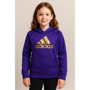 Adidas Purple Pullover Hoodie Girls Size M (10/12) Gold Logo Activewear